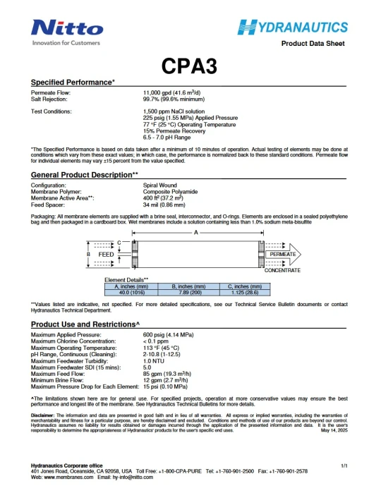 8inch BRACKISH WATER REVERSE OSMOSIS MEMBRANE NITTO SERIES CPA3 (high salt rejection)-CPA3