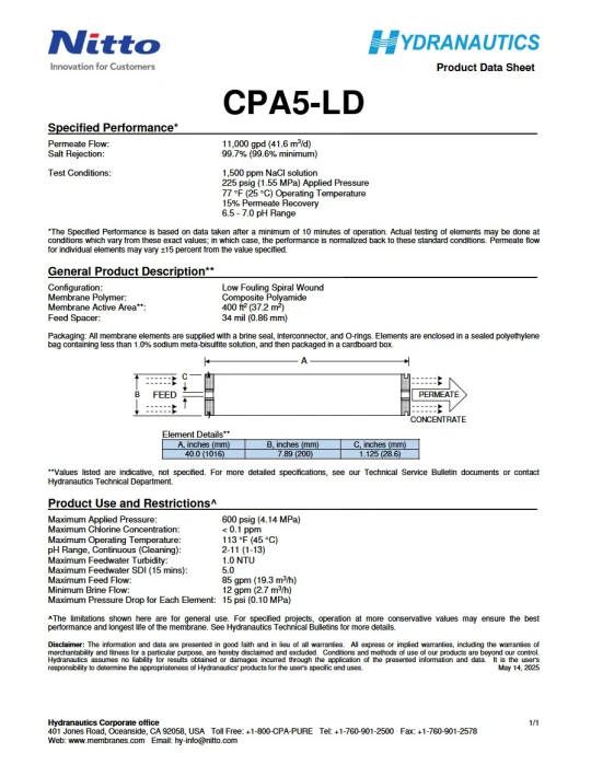 8inch BRACKISH WATER REVERSE OSMOSIS MEMBRANE NITTO SERIES CPA5 (high salt rejection)-CPA5