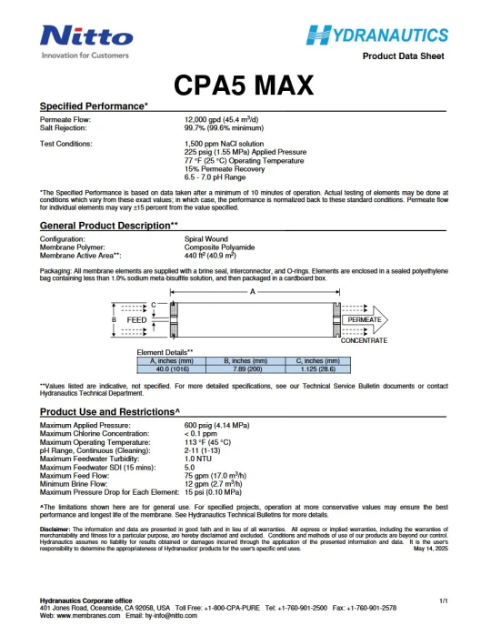 8inch BRACKISH WATER REVERSE OSMOSIS MEMBRANE NITTO SERIES CPA5 (high salt rejection)-CPA5