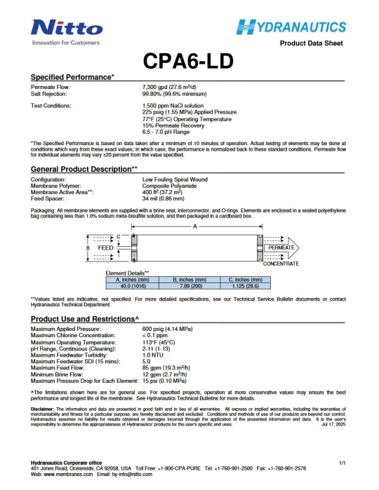 8inch BRACKISH WATER REVERSE OSMOSIS MEMBRANE NITTO SERIES CPA6 (high salt rejection)-CPA6