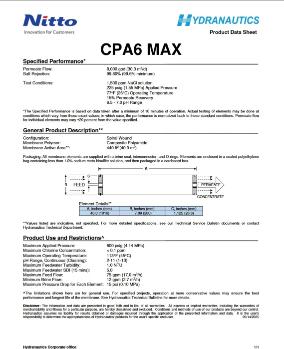 8inch BRACKISH WATER REVERSE OSMOSIS MEMBRANE NITTO SERIES CPA6 (high salt rejection)-CPA6