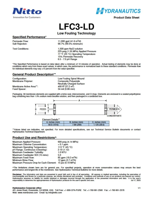 8inch REVERSE OSMOSIS MEMBRANE NITTO SERIES LFC3 (low fouling)-LFC3-LD