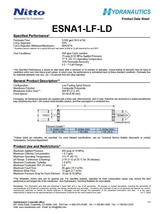 8inch NANOFILTRATION MEMBRANE NITTO SERIES ESNA1 (low energy)-ESNA1-LF-LD