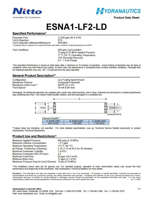 8inch NANOFILTRATION MEMBRANE NITTO SERIES ESNA1 (low energy)-ESNA1-LF2-LD