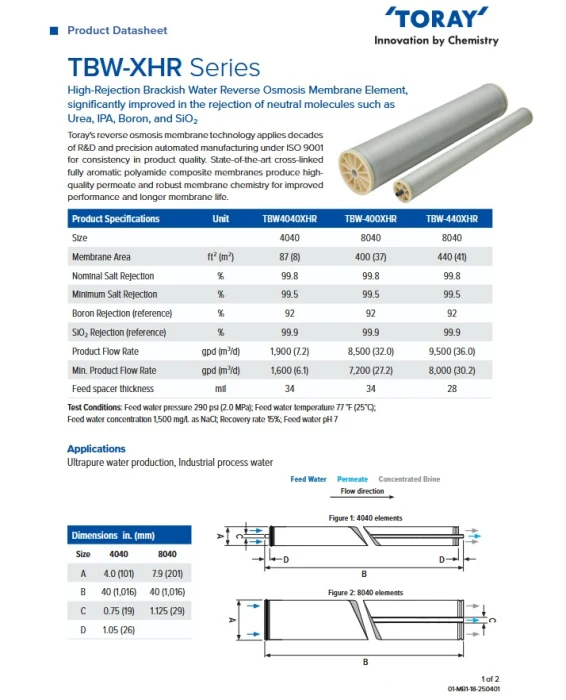 8inch BRACKISH WATER REVERSE OSMOSIS MEMBRANE TORAY (High Rejection) - TBW-440XHR