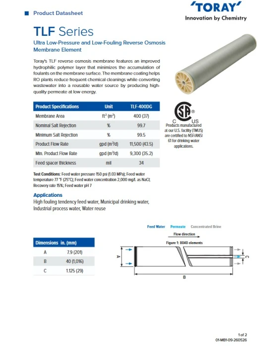 8inch BRACKISH WATER REVERSE OSMOSIS MEMBRANE TORAY (Low Fouling) - TLF-400DG